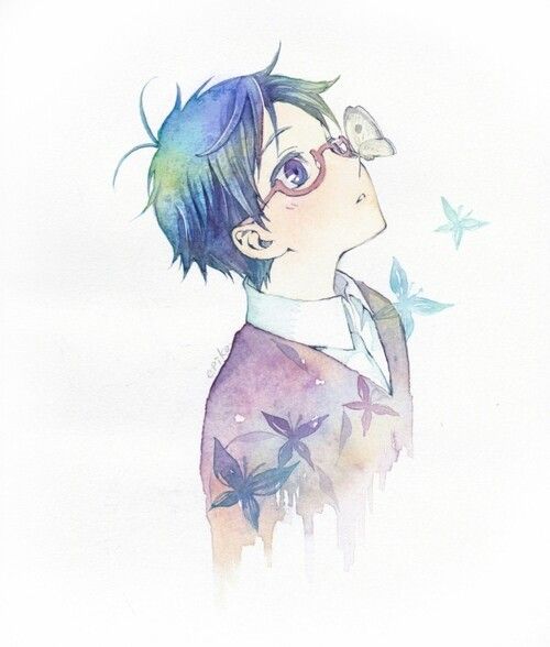 a watercolor drawing of a boy with blue hair and glasses looking up at the sky