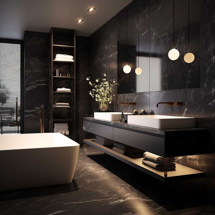 a modern bathroom with black marble walls and floor, along with a freestanding bathtub