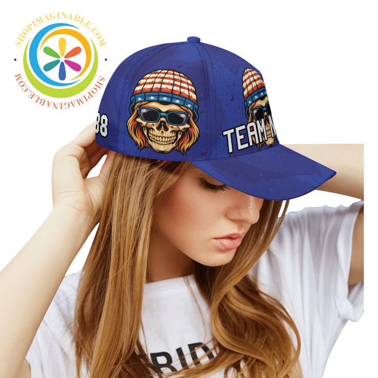 Add some rebellious American pride to your wardrobe with our American Skull Baseball Hat. This cap is perfect for showing off your attitude on and off the field. With a unique design and playful attitude, it's a great gift idea for any baseball fan. Hit a home run in style and slide into home plate with this fun and quirky cap! We create funky & fun! Personalized with your Team's name & Player #. Click Here for the Matching Jersey High-quality made, polyester material for casual baseball caps providing great comfort and fit All over print, cut and design Unisex - fits men and women, stylish, fashionable, comfortable and versatile Our hats feature a well-made pre-curved bill to protect you from the sun and prevent 'dazzle'. Play your favorite sport without the sun in your eyes Built with 7 Sports Fan Hat With Flat Bill For Baseball Season, Sports Fan Flat Bill Hats For Baseball Season, Sports Fan Fitted Hat With Flat Brim, Sports Fan Fitted Baseball Cap For Sports Events, Flat Brim Fitted Hat For Sports Events, Sports Fan Baseball Cap With Curved Brim, Baseball Season Fan Merchandise Baseball Cap, Sports Fan Baseball Cap With Curved Bill, Baseball Cap For Sports Events With Flat Brim