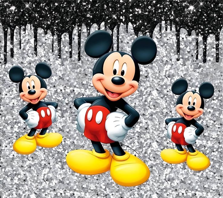 three mickey mouses are standing in front of some glittery trees and one is smiling