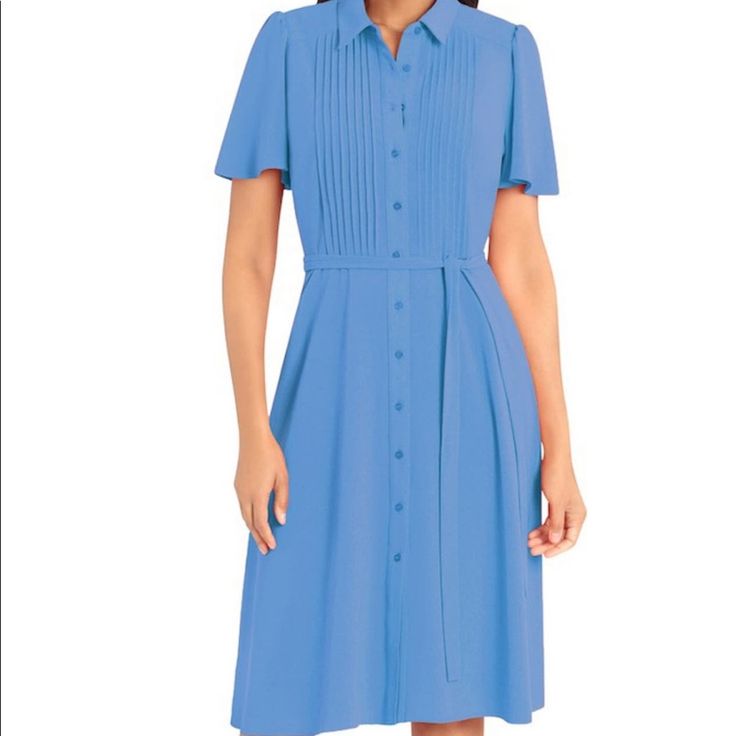 Donna Morgan Pintuck Detail Midi Shirt Dress. Blue. Brand New, Never Worn, Tags Still On. Elegant Blue Knee-length Shirt Dress, Blue Pleated Office Dress, Short Sleeve Dress With Pintucks For Work, Short Sleeve Pintuck Dress For Work, Classic Blue Knee-length Shirt Dress, Elegant Blue Short Sleeve Shirt Dress, Elegant Light Blue Shirt Dress For Daywear, Classic Blue Shirt Dress For Workwear, Classic Blue Collared Dress