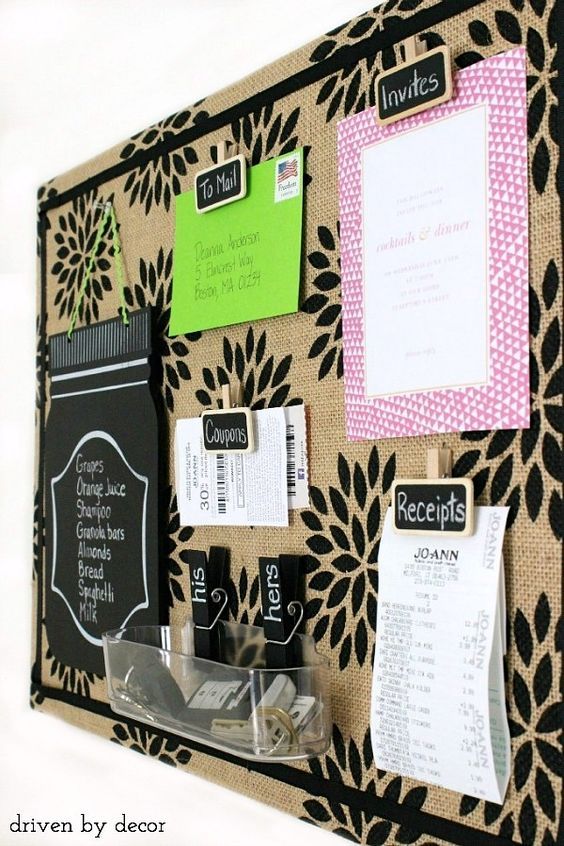 a bulletin board with notes and magnets attached to the back of it, hanging on a wall