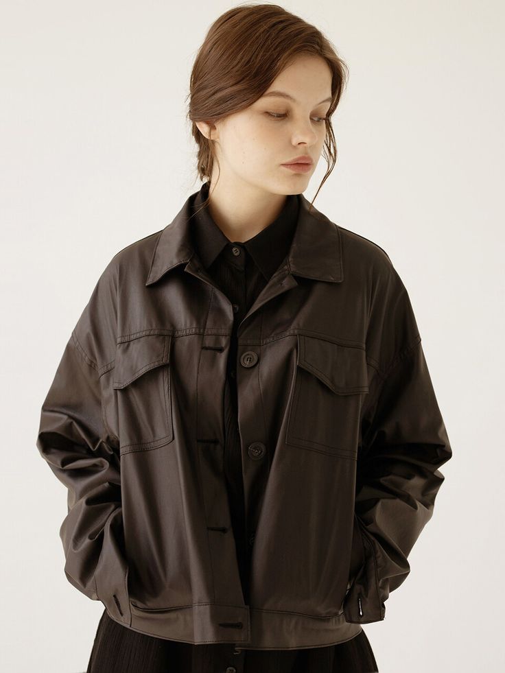 Editor's NotesAmodern classic style faux leather jacket with a subtle luster.- Lapel-collar- Flapout pocket on the front section- Buttonsleeve with buttoned cuffs-Button fastening  Measurements(in.)-Size: One Size (XS-M)-Length: 22.83in-Shoulder: 23.22in-Chest: 23.22in-Sleeve: 22.83in* Please note that the size may vary by 5% depending on themeasurement method. The actual color may differ from the actual color dependingon the degree of the monitor. Products cannot be exchanged or refunded forthese reasons. *Model info: Height 5' 8” Bust 29.9in Waist 23.2in Hip 34.25in  Composition & Care- 100%Cotton- Drycleaning only Designer       Normal  0          false  false  false    EN-US  KO  X-NONE Utility Leather Jacket For Fall Workwear, Chic Solid Leather Jacket With Pockets, Leather Outerwear With Button Cuffs For Office, Leather Jacket With Button Cuffs For Work, Winter Workwear Leather Jacket With Buttoned Pockets, Office Leather Jacket With Pockets And Long Sleeves, Sleek Collared Outerwear For Work, Sleek Collared Outerwear For Office, Sleek Fall Outerwear With Buttons