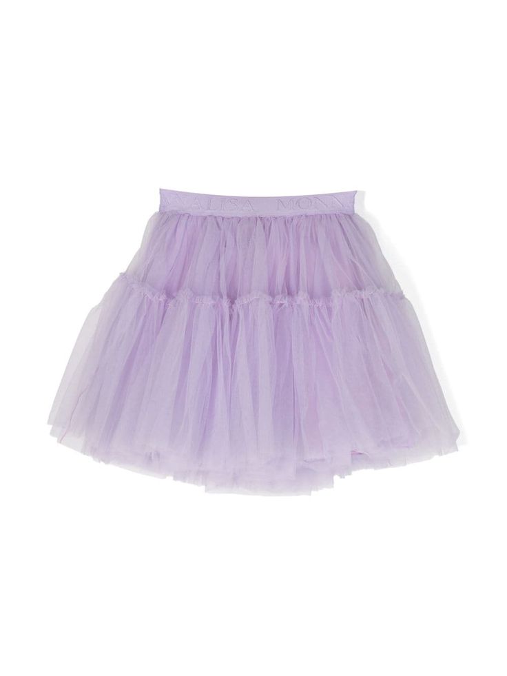 lavender purple tulle overlay elasticated logo waistband slip-on style tiered skirt thigh-length cotton lining Lavender Tiered Skirt For Summer, Lavender Tiered Skirt For Spring, Tulle Tiered Mini Skirt For Spring, Tiered Tulle Mini Skirt For Spring, Purple Tiered Skirt With Elastic Waistband, Spring Season Tiered Tulle Mini Skirt, Purple Tulle Skirt For Summer, Summer Lavender Tiered Skirt, Summer Tulle Tiered Mini Skirt