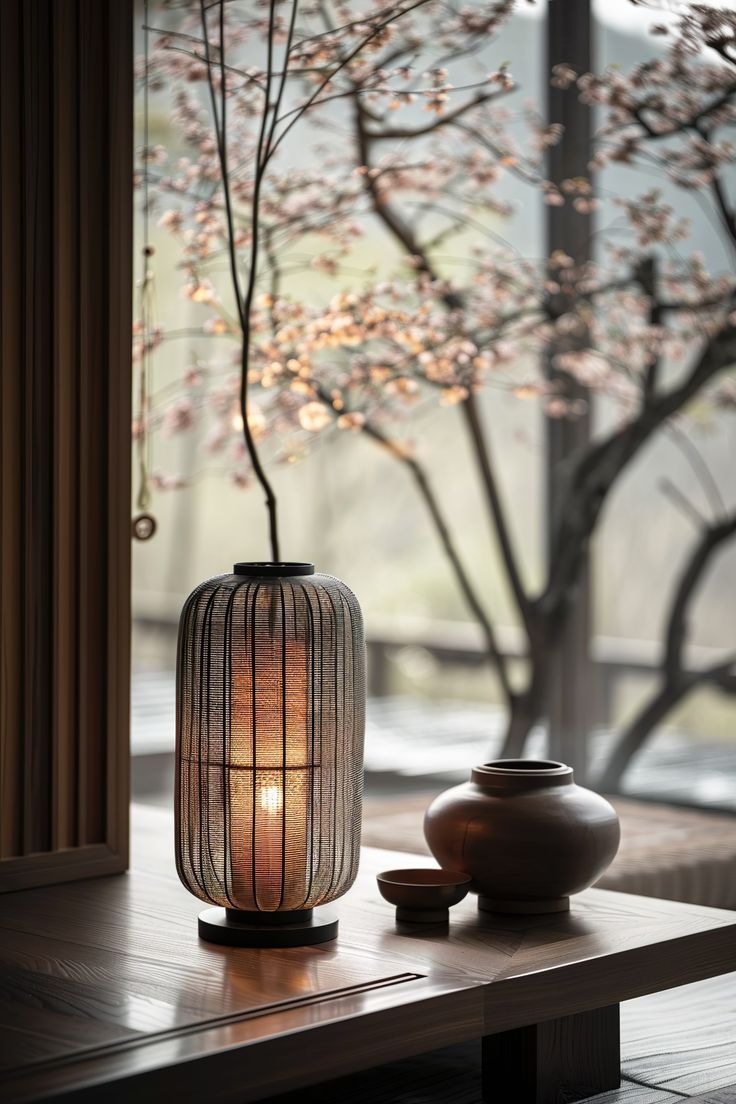 a table that has a vase on it with a candle in front of it and a tree behind it