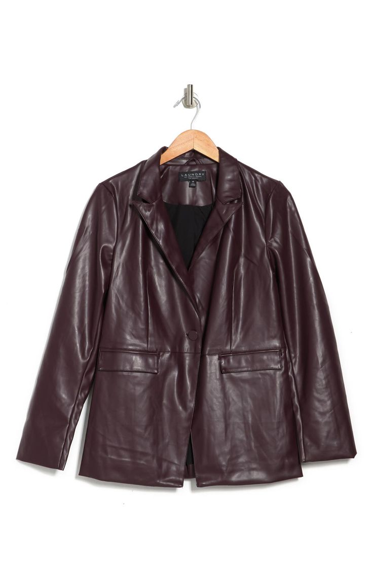 Throw on this faux leather blazer that elevates any outfit with trendy style. 27.5" length (size XS) Peak lapel Long sleeves One-button front closure Front flap pockets Faux leather construction Lined Faux leather face: 100% polyurethane/back: 100% polyester/lining: 100% polyester Hand wash cold, line dry Imported Model’s stats for sizing: 5’11” height, 32” bust, 24” waist, 34” hips. Model is wearing size M. Leather Face, Faux Leather Blazer, Peak Lapel, Trendy Style, Leather Blazer, Flap Pocket, Nordstrom Rack, Trendy Fashion, Faux Leather