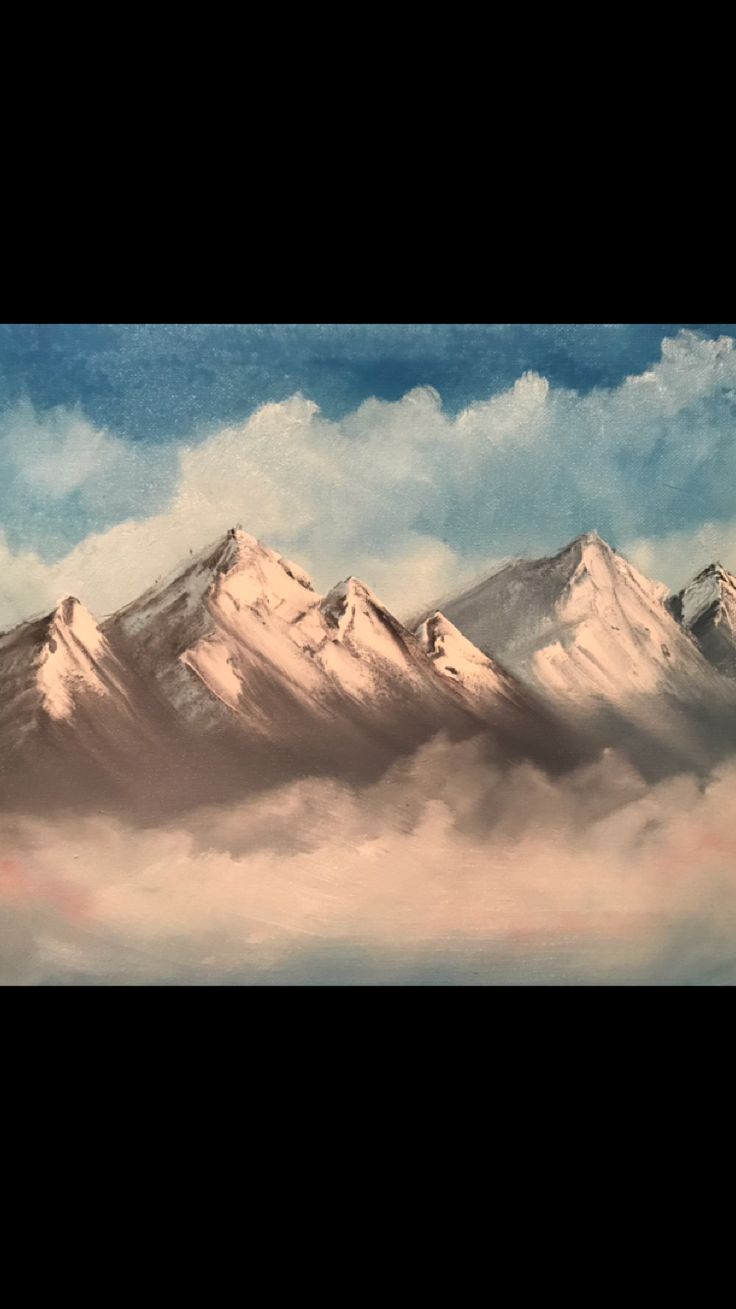 an oil painting of snow capped mountains in the clouds