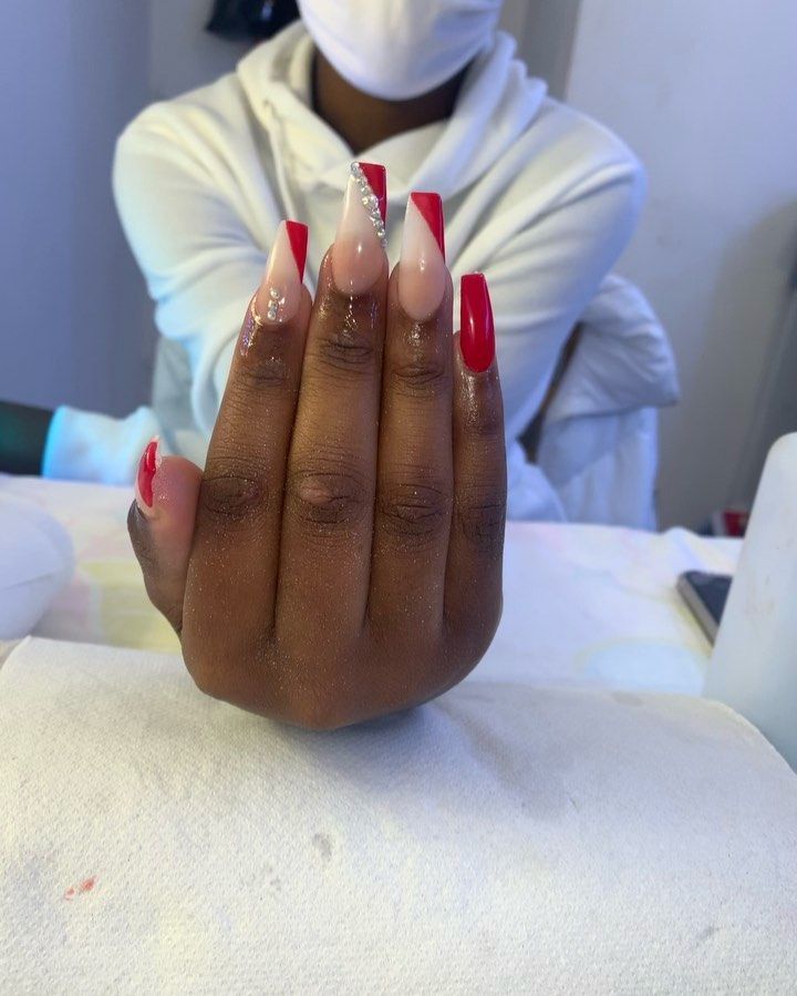 Aesthetic Red Nails Acrylic, Nails For Red Hoco Dress, Red And Silver Nail Designs For Prom, Red Nails With White Tips, 2k23 Prom, Dark Red Prom Nails, Red And Silver Nails For Prom, Red White And Gold Nails, Red Black And Silver Nails