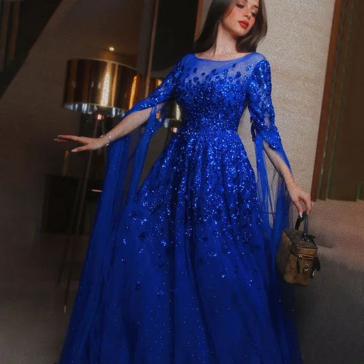 Blue Arabic Dubai Evening Dress 2024 with Cape Sleeves Arabic Luxury, Elegant Cape, Cape Sleeves, Women Formals, Dresses Formal, Formal Evening Dresses, Pitcairn Islands, Formal Wedding, Formal Gowns