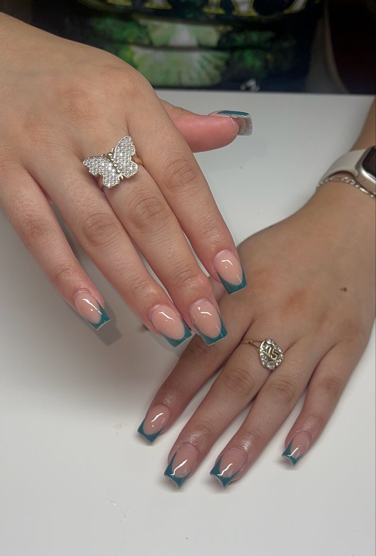 French Teal Nails, Short Square Acrylic Nails Teal, White Teal Nails, Ink Blue Nails, Teal Blue French Tip Nails, Dark Turquoise Nails Acrylic, Dark Teal Prom Nails, Torquise Nails French Tip, Dark Turquoise Nails Designs