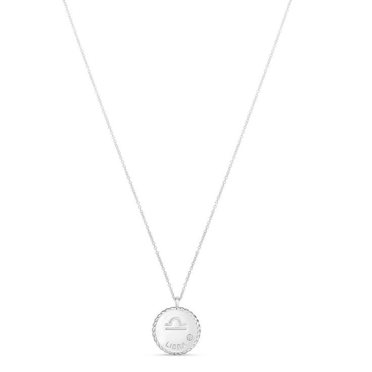 Style Number - AZ18816
Imbued with a cosmic sparkling diamond, our Diamond Libra Zodiac Disk pendant necklace shows off your sun sign in 14k white gold.A luxurious gift for yourself or a loved one, this sleek pendant necklace includes a 16 or 18 matching chain at no additional cost.The diamond is prong set and rated G-H for color and SI1-SI2 for clarity, with a 0.01 total carat weight.Our Diamond Libra Zodiac Disk pendant necklace is available in other metals. This diamond pendant necklace desig Round Zodiac Sign Diamond Jewelry, Diamond Zodiac Sign Jewelry, Zodiac Sign Diamond Jewelry, White Gold Zodiac Sign Jewelry, Round Shape, Round Diamond Zodiac Jewelry, White Gold Round Zodiac Sign Jewelry, Luxury Sterling Silver Zodiac Sign Necklaces, Sterling Silver Zodiac Sign Medallion Jewelry, White Gold Zodiac Sign Round Pendant Jewelry