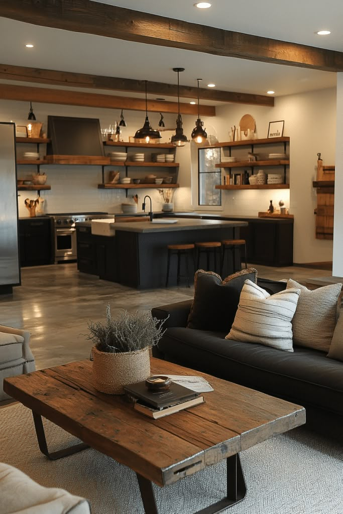 a living room filled with furniture and a wooden table in front of an open kitchen