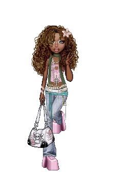 a girl with curly hair carrying a purse