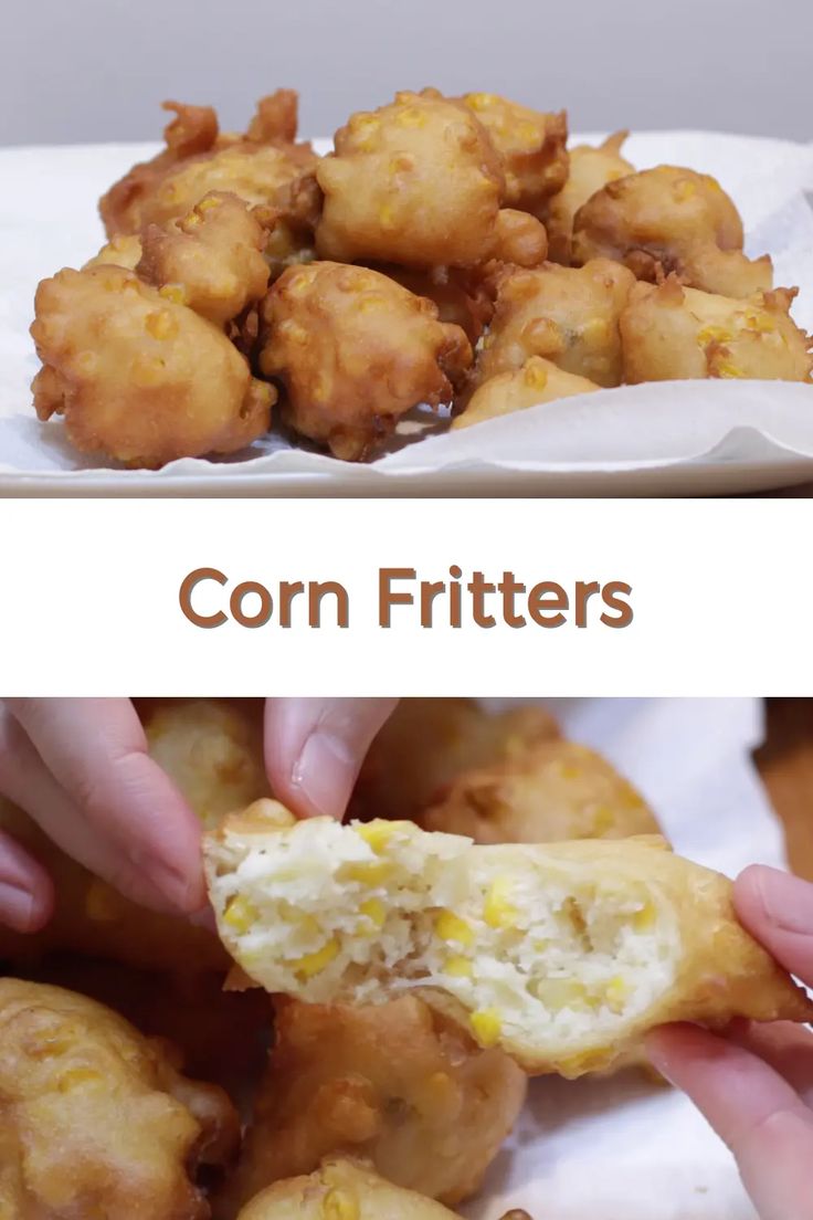 corn fritters on a white plate with the words corn fritters