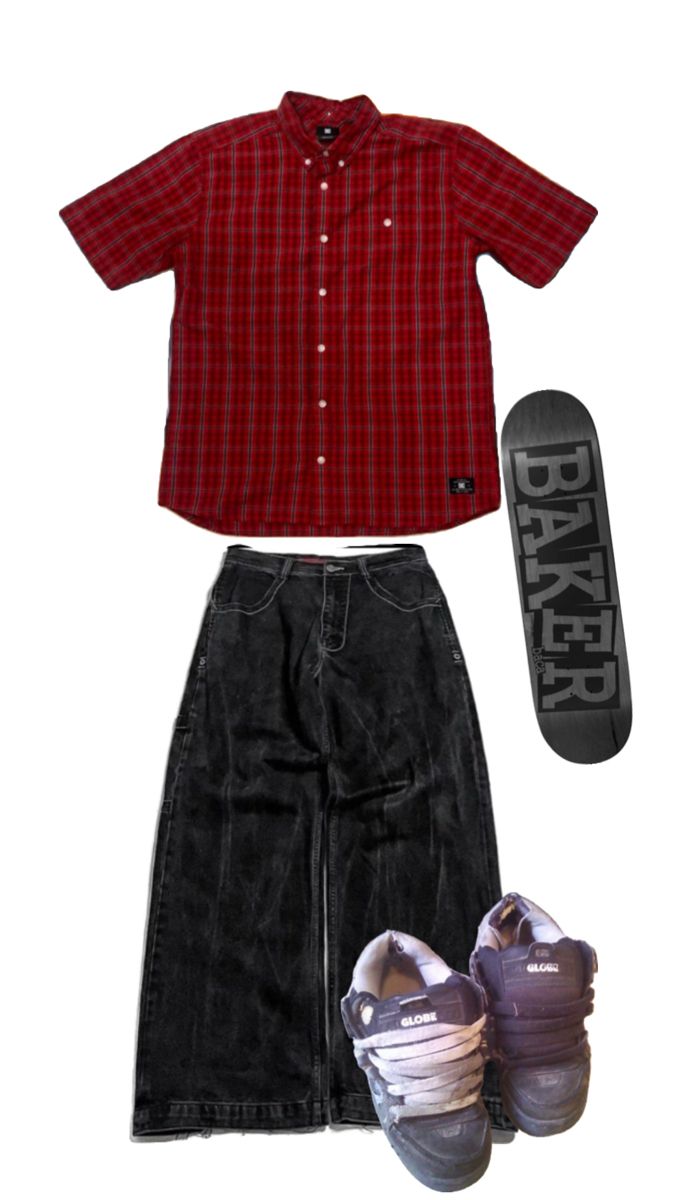 a red shirt, black skirt and purple shoes with a skateboard next to it