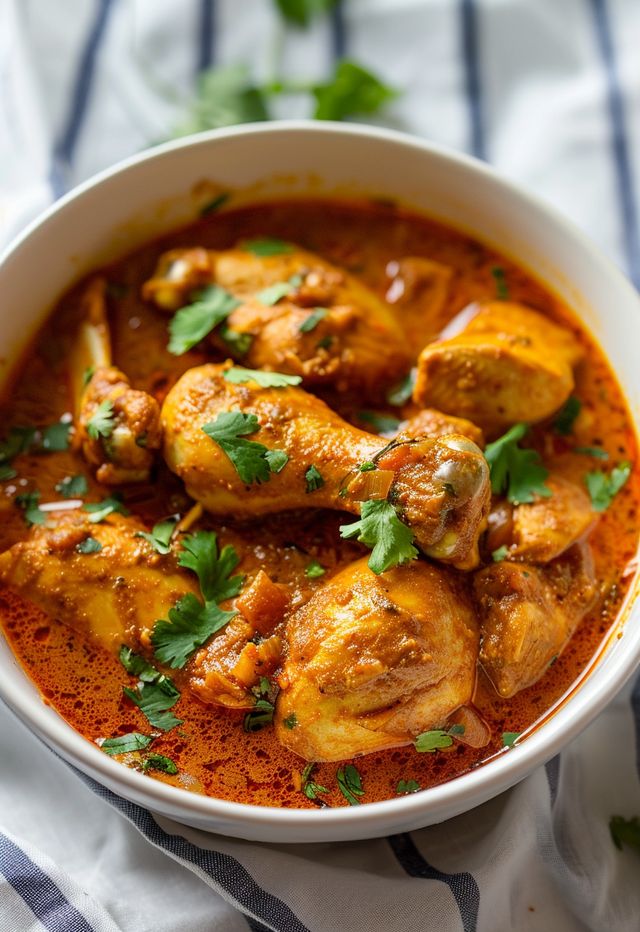 a white bowl filled with chicken curry and garnished with cilantro leaves