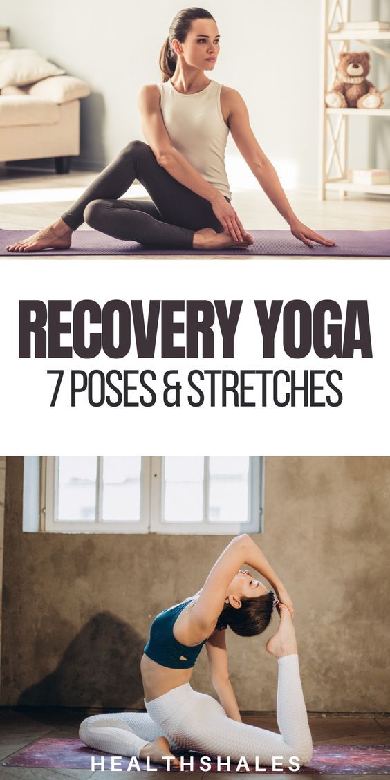 a woman doing yoga poses and stretches with the words recovery yoga 7 poses & stretches