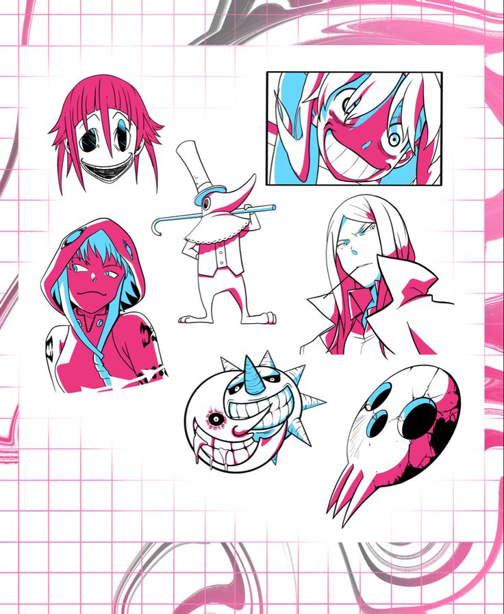 an image of some anime character designs on a piece of paper with pink and blue ink