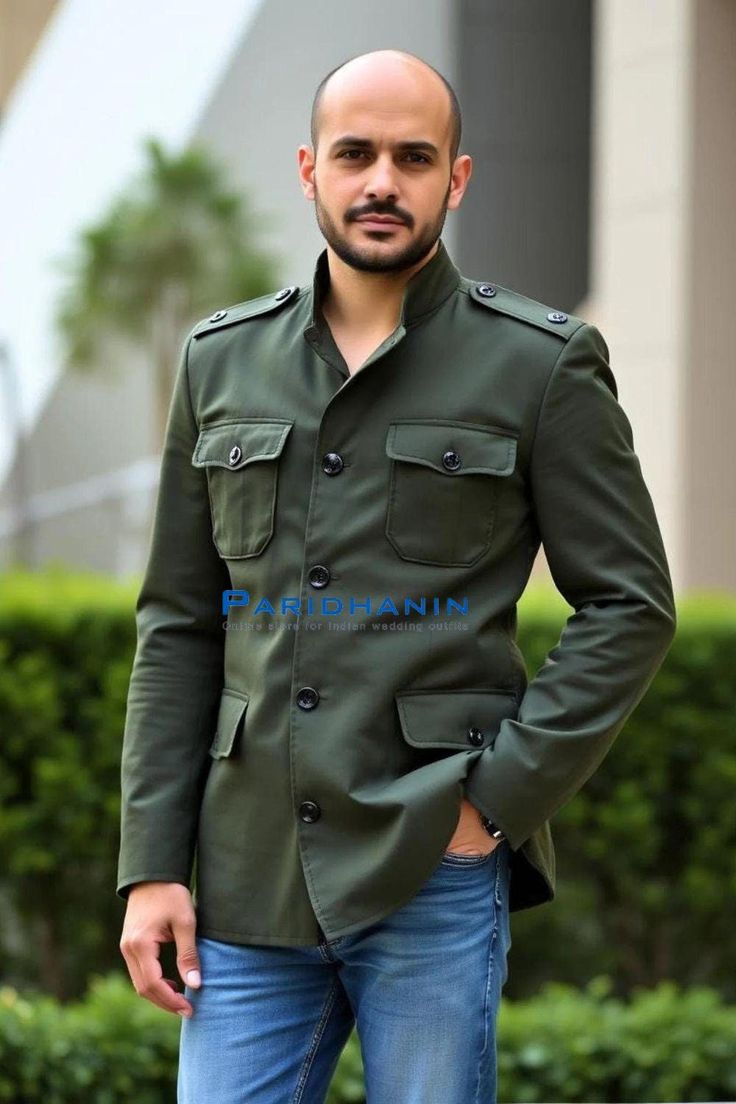 This olive green military-style jacket is a perfect blend of ruggedness and sophistication. Featuring buttoned pockets and a structured design, it offers a sharp, masculine look ideal for casual outings or layered with formal attire. Made from polyester fabric, this jacket ensures comfort and style for everyday wear. The cost includes one blazer only. Dryclean only. =>UNIQUE CREATION - PLEASE RESPECT COPYRIGHT<= All images and content on this site are exclusively crafted and owned by Paridhanin. Unauthorized copying, sharing, or reproduction is prohibited and will be subject to legal action. Military Style Khaki Outerwear With Welt Pockets, Khaki Military Outerwear With Welt Pockets, Green Utility Jacket With Flap Pockets For Work, Khaki Single-breasted Utility Jacket With Lapel Collar, Military Style Khaki Outerwear For Work, Military Style Khaki Sport Coat For Fall, Military Style Outerwear With Buttoned Pockets For Work, Military Style Outerwear With Flap Pockets For Work, Military Style Blazer With Flap Pockets For Work