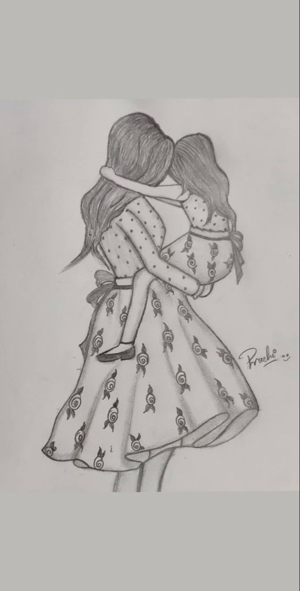 a drawing of two girls hugging each other