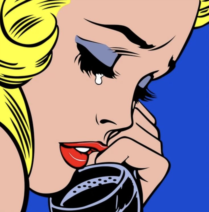 a pop art painting of a woman talking on the phone with her hand to her face