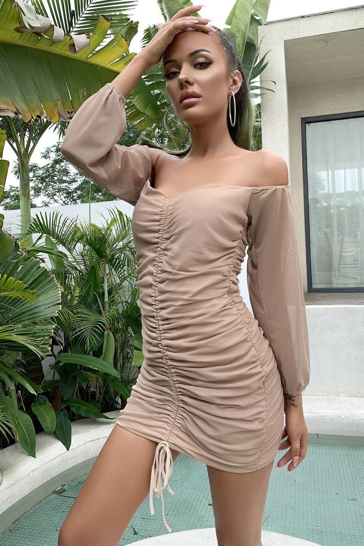 Modern Long Sleeves Off-the-Shoulder Short Party Gowns Online YE0207 Khaki-XS Bodycon Party Dress, Bodycon Dress Online, Wedding Dresses With Flowers, Party Dresses Online, Event Dress, Sequin Prom Dresses, Green Prom Dress, Pink Prom Dresses, Gowns Online