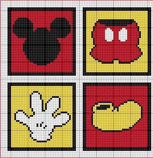 cross stitch pattern with mickey mouse and other items in the squares, including an apple