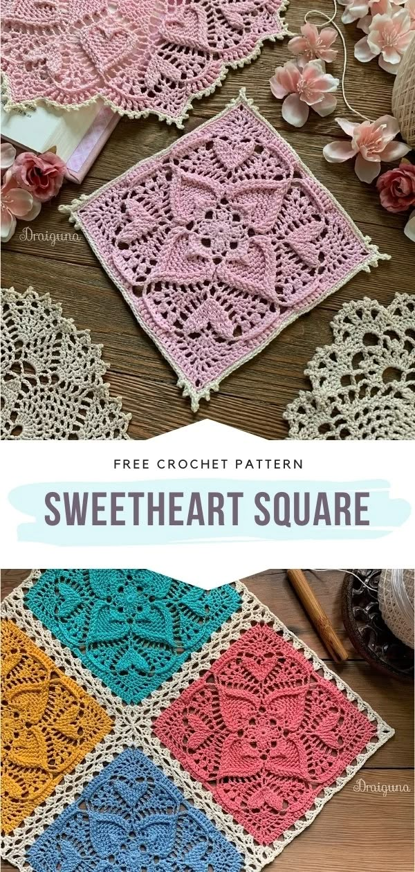 the crochet square is shown with text that reads, free crochet pattern sweetheart square