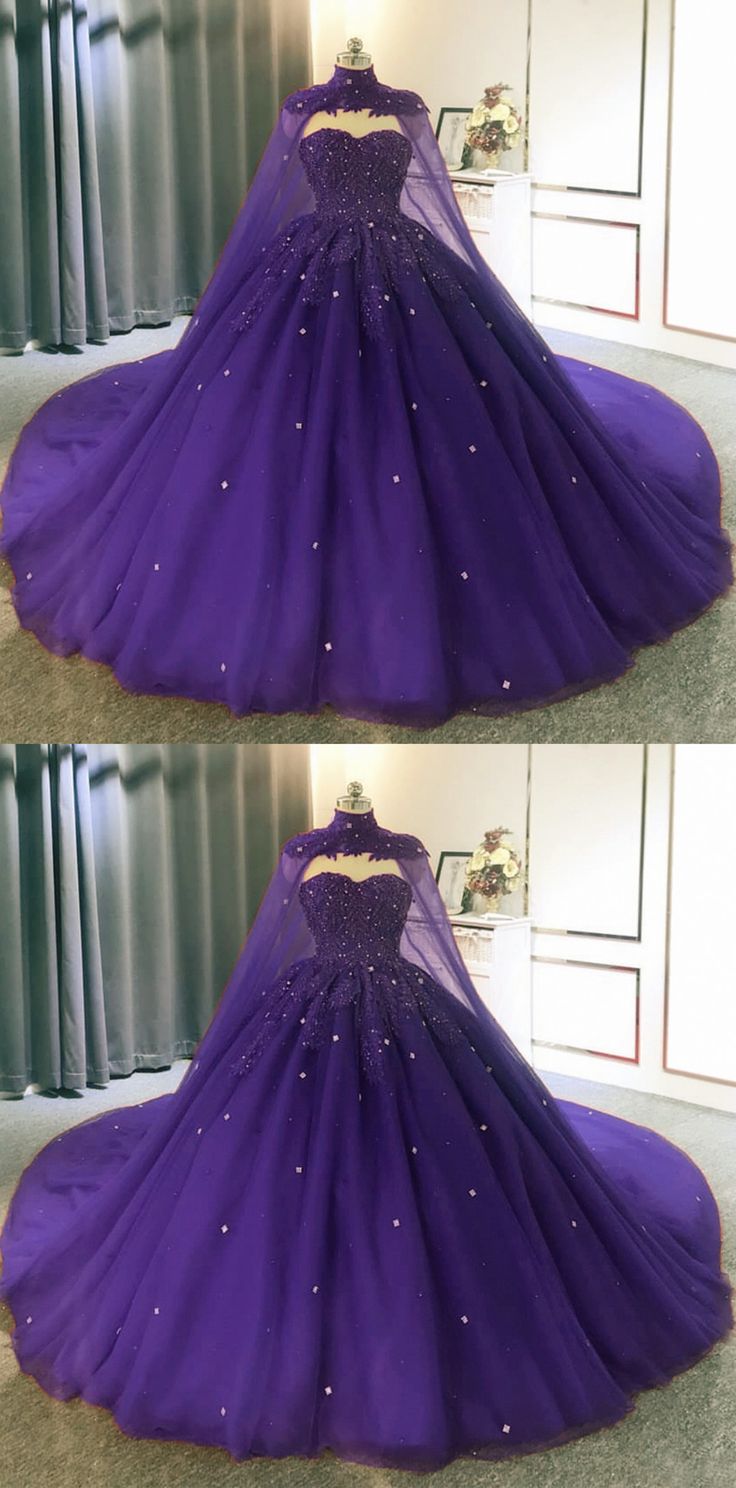 Purple Quinceanera Dress With Cape Purple Sleeveless Gown For Quinceanera, Fitted Purple Dress For Quinceanera, Sleeveless Purple Gown For Quinceanera, Purple Fitted Gown For Quinceanera, Fitted Purple Gown For Quinceanera, Purple Floor-length Ball Gown For Quinceanera, Purple Quinceanera Dress With Fitted Bodice, Purple Dress With Sweep Train For Quinceanera, Purple Quinceanera Dress With Sweep Train