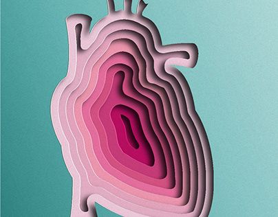 an image of a human heart made out of cut paper on a blue and pink background