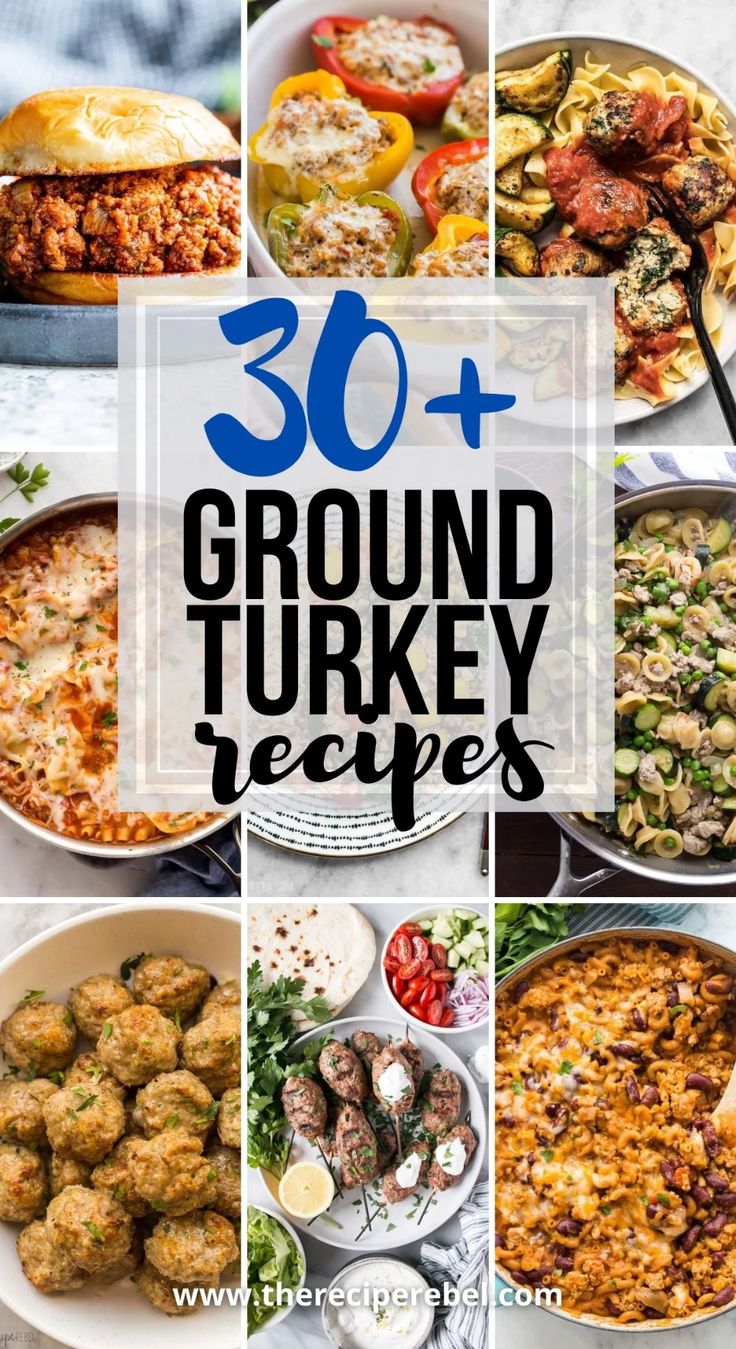 the top 50 ground turkey recipes are featured in this collage with text overlay