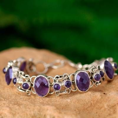 Amethyst link bracelet, 'Royal Purple' - Amethyst Bracelet Handcrafted in Sterling Silver Jewelry;  Product ID: 146973; https://www.pinterest.com/debracorbo/fashion/ Fantasy Bracelet, Gemstone Cuff Bracelet, Amethyst Bracelet Beads, Fancy Jewellery Designs, Purple Jewelry, Garnet Earrings, Amethyst Jewelry, Amethyst Bracelet, Fancy Jewelry