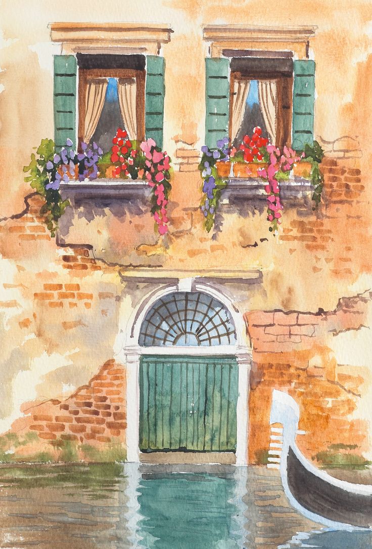 a watercolor painting of a gondola in front of a building with green shutters