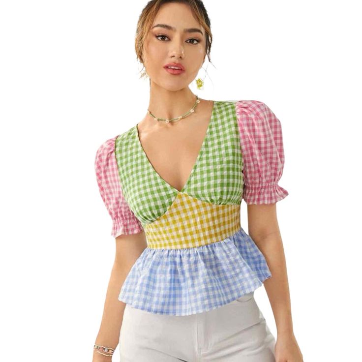 3/$25 Shein Gingham Puff Sleeve Peplum Top Nwt Size Medium Multicolor Boho Gingham, Colorblock Peplum V Neck Short Sleeve Ruffle Hem, Raw Hem, Zipper Puff Sleeve Flared Regular Regular Fit Non-Stretch Cotton 51% Cotton, 49% Polyester Machine Wash Or Professional Dry Add 3 Items To Bundle And Send $25 Offer! Summer Puff Sleeve Top With Patchwork, Spring Puff Sleeve Patchwork Tops, Spring Patchwork Puff Sleeve Tops, Gingham V-neck Tops For Spring, Preppy Gingham Tops For Spring, Spring Gingham V-neck Top, Spring Gingham Preppy Tops, Spring Preppy Gingham Tops, Trendy Pink Top For Picnic