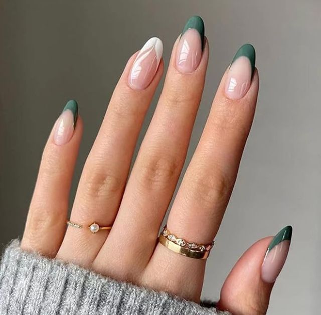 French Tip Acrylic Nails Spring, Green French Tip Acrylic Nails, Nails Green French Tip, Nails Green French, Almond Designs, Oval Fake Nails, Nail Ideas For Fall, Country Acrylic Nails, Green French Tip