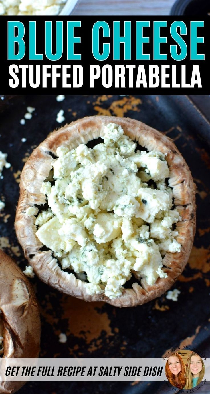 blue cheese stuffed potato salad in a puffy pastry shell on a black plate with text overlay