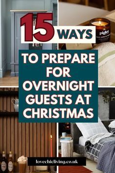 the cover of 15 ways to prepare for overnight guests at christmas time, including candles and blankets