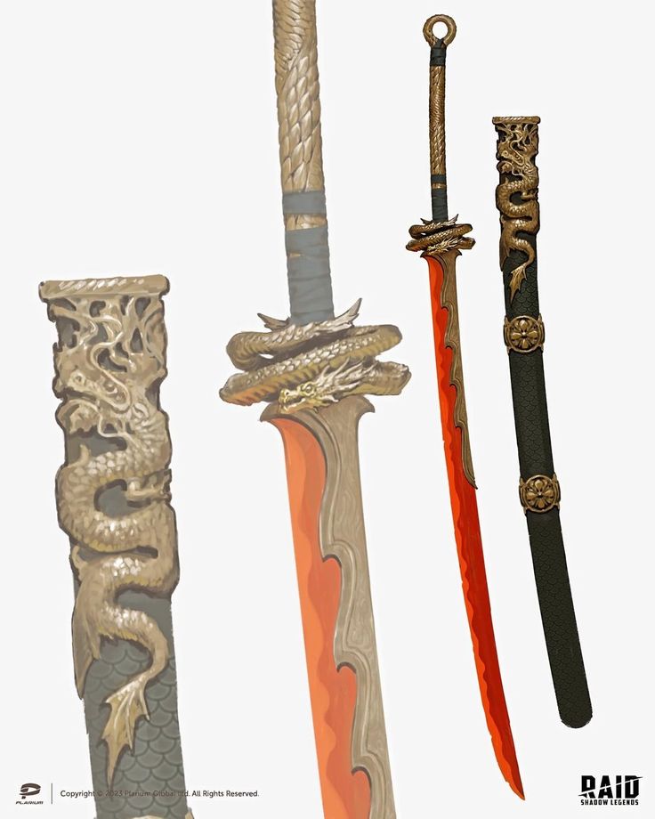 three different types of swords with dragon handles