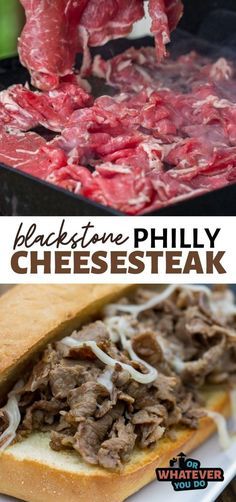 steak and cheesesteak is being cooked on a grill with the words blackstone phily cheesesteak above it