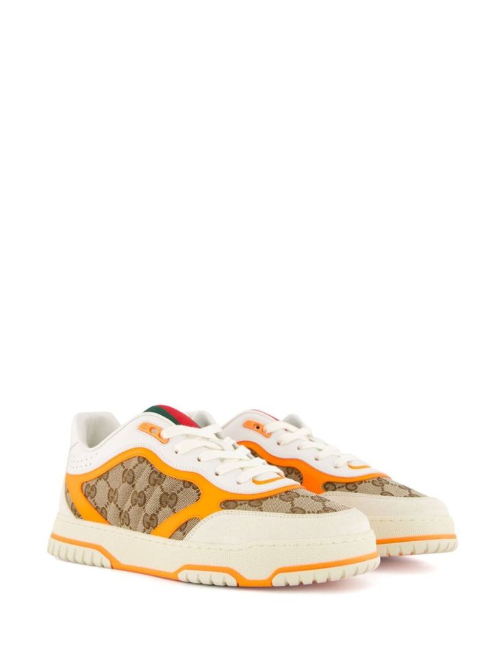 white/multicolour canvas/calf leather colour-block panelled design classic GG canvas signature Web detailing perforated detailing round toe front lace-up fastening branded insole flat rubber sole This item is in size 6 and the color is Orange Leather Sneakers Men, Rating System, Web Detail, Gucci Sneakers, Colour Block, Leather Sneakers, Calf Leather, Lace Front, Color Blocking