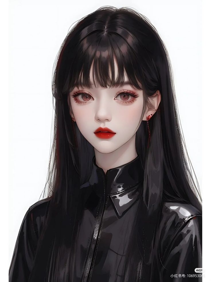 a drawing of a woman with long black hair and red lips wearing a leather jacket