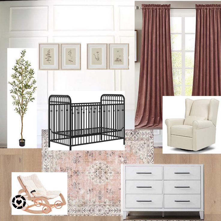 a baby's room with furniture and pictures on the wall, including a crib