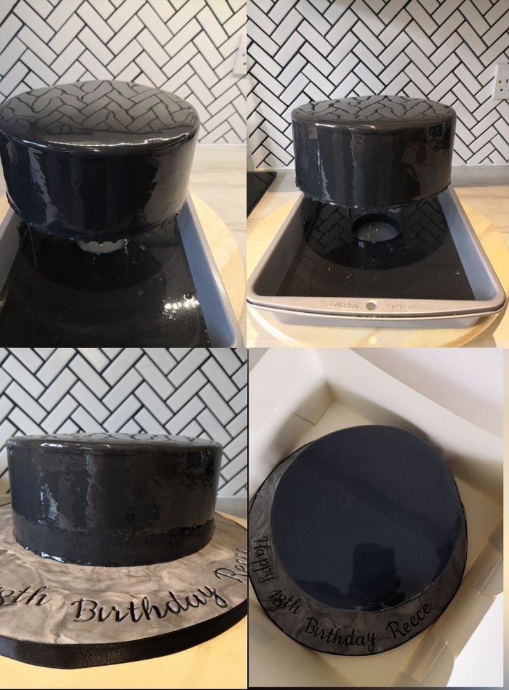 four photos of a black cake with the words happy birthday written on it, and an empty plate