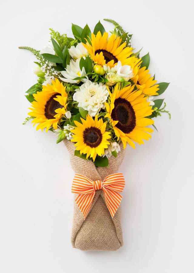 a bouquet of sunflowers in a burlock tied with an orange bow