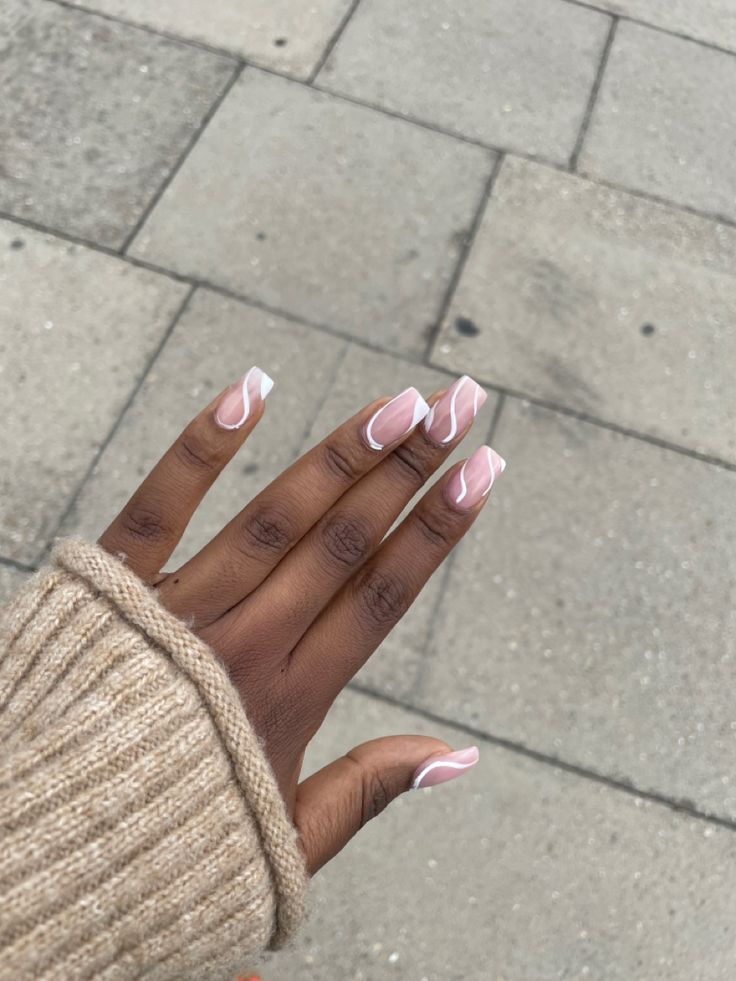 Baby Pink nails with white swirl art Basic Spring Acrylic Nails, Simple Plain Nail Designs, Office Acrylic Nails, Corporate Nails Simple, Simple Nail Designs Coffin Shape, Corporate Nail Designs, Minimalist Nails Coffin, Cheap Nail Ideas, Nail Designs Coffin Shape