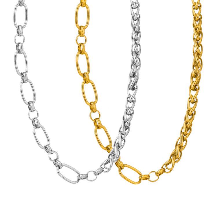 Introducing our bold and stylish necklace featuring a combination of thick, chunky oval links and paperclip chains, crafted with high-quality stainless steel and 18K PVD gold. This unique piece effortlessly blends modern edge with timeless sophistication. The thick, chunky oval links add a striking and substantial presence, while the sleek paperclip chains provide a sleek and contemporary contrast. Crafted with attention to detail, the stainless steel and 18K PVD gold materials ensure durability Modern Figaro Chain Link Necklace, Modern Figaro Chain Necklace, Trendy Oval Link Cable Chain Necklace, Modern Figaro Chain Necklace With Oval Links, Modern Chunky Link Chain Necklace, Modern Chunky Chain Necklace, Trendy Chunky Chain Necklace With Oval Links, Chunky Chain Necklace With Oval Link For Everyday, Chunky Oval Link Chain Necklace For Everyday