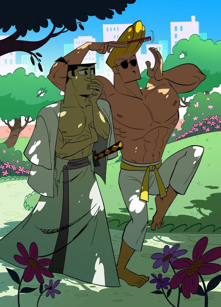 two cartoon characters standing next to each other in a park with trees and buildings behind them