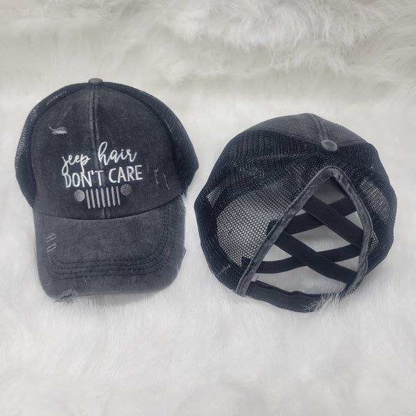 Women's Distressed Jeep Hair Criss Cross Ponytail Hat – Gals and Dogs Boutique Limited Jeep Hats For Women, Jeep Hair Don’t Care, Distressed Casual Baseball Cap For Sports, Distressed Gray Baseball Cap, One Size, Distressed Gray Baseball Cap One Size, Trendy Distressed Black Baseball Cap, Gray Distressed Hat, One Size Fits Most, Casual Black Soft-washed Hat, Black Distressed Snapback Trucker Hat