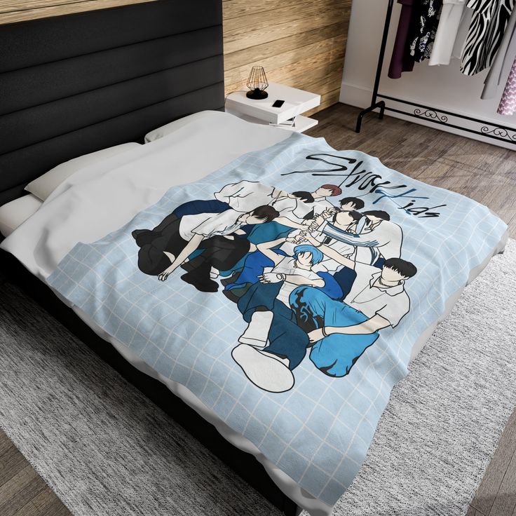 a bed with an image of cartoon characters on it