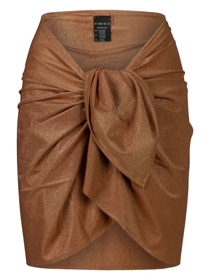 tobacco brown stretch-design lurex detailing draped design gathered detailing mid-rise front tie fastening thigh-length high-low hem Designer Swimsuit, Swimsuit Design, Wedding Guest Looks, Beach Cover Ups, Designer Drapes, Yoko London, Beach Skirt, Beach Pants, Vacation Dresses